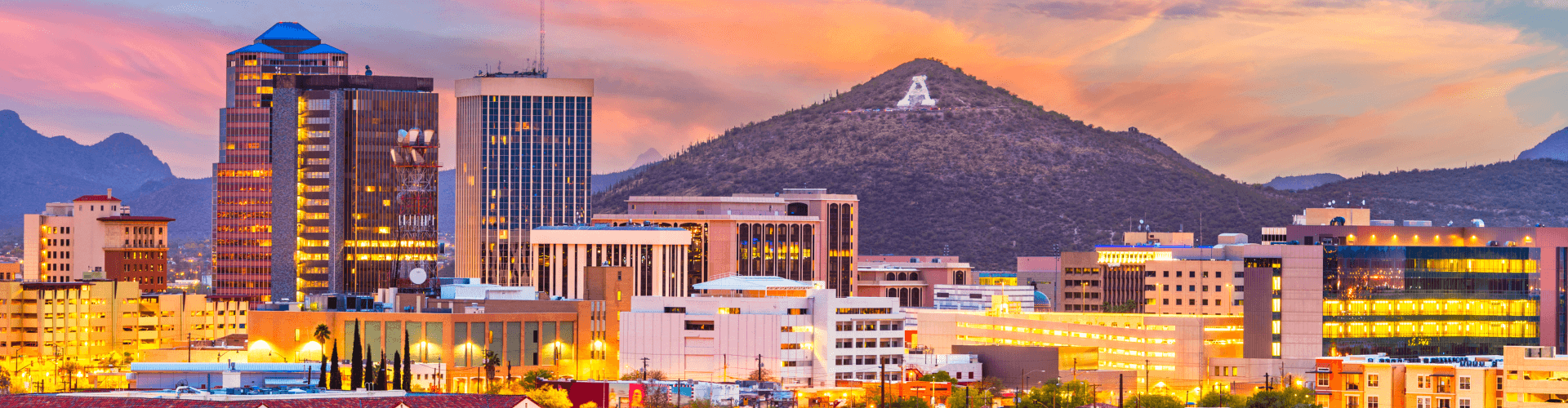 downtown skyline with Sentinel Peak at dusk